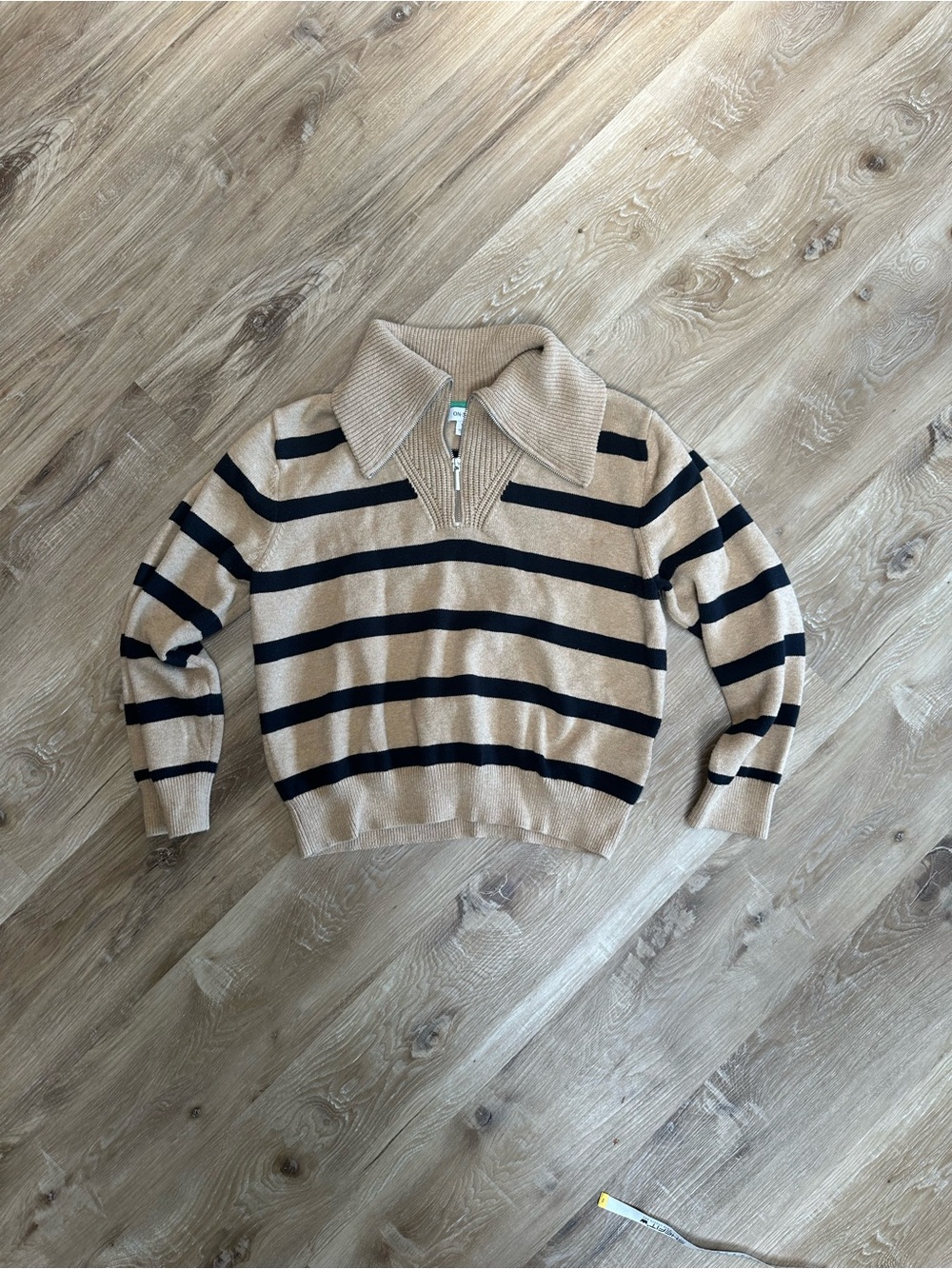 Beige and Black Striped Zip-Up Sweater